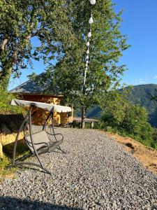a bench sitting on the side of a gravel road at Panoramic Wood Cabin in Itʼkhvisi