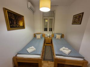 een kamer met 2 bedden met blauwe kussens bij Authentic Belgrade Centre Apartment #5, Four bedrooms, One Full Bathroom, One Toilet in Belgrado