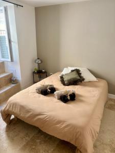 ein Bett mit zwei Kissen darauf in der Unterkunft Chaleureux T1 avec Balcon in Vals-les-Bains