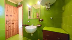 a green bathroom with a sink and a mirror at Hostdomus - Alpine Suite in San Sicario +7 photos
