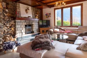 ブール・サン・モーリスにあるEntire Chalet Salamo 11 plus 1 Les Arcs Paradiski Jacuzziのソファと暖炉のあるリビングルーム