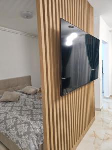 a television hanging on a wall in a bedroom at Vlada's place in Floreşti