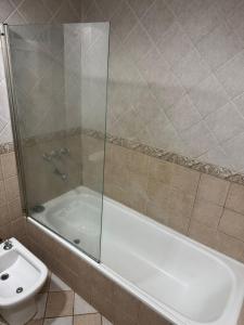 ein Badezimmer mit einer Dusche, einer Badewanne und einem WC in der Unterkunft Departamento en pleno centro in San Miguel del Monte