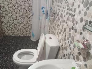 a bathroom with a white toilet and a sink at Shanti Guest House Ella in Ella
