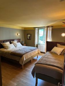 ein Schlafzimmer mit zwei Betten und einem Fenster in der Unterkunft Le Relais de Paulette et Gaston in Poligny