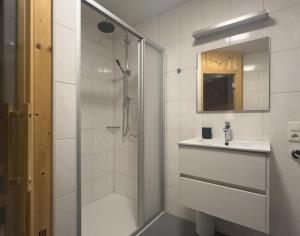 ein weißes Badezimmer mit Dusche und Waschbecken in der Unterkunft Schöneben Chalet Schneerose in Wald im Pinzgau + 28 Fotos