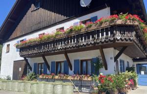a building with flower boxes on the side of it at Nagelfluhhaus Hirsch in Gunzesried