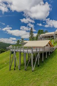 un molo di legno con una tenda su un campo di Bukovel Glamping a Bukovel