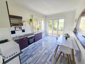 a kitchen with purple cabinets and a table with chairs at Le Cosy du Lac in Château-Arnoux-Saint-Auban +8 photos