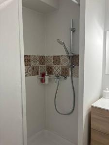 a bathroom with a shower with a shower head at Joli appartement côté plages in Sète