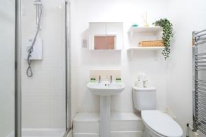 une salle de bain avec toilettes, lavabo et douche dans l'établissement VESTO Beautiful Two Bedroom Flat Crystal Palace, à Crystal Palace