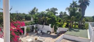 an aerial view of a garden with palm trees and flowers at Masseria Boezio Ostuni Mare in Torre Santa Sabina