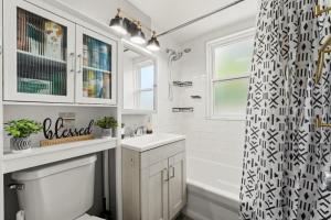 a bathroom with a sink and a shower curtain at Hamaline Luxury Guest House in Chicago +72 photos