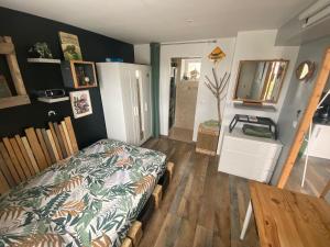 ein Schlafzimmer mit einem Bett, einer Kommode und einem Spiegel in der Unterkunft Petite maison de campagne in Sainte-Croix-sur-Mer