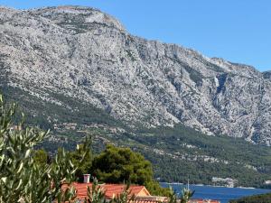 a view of a mountain with a town in front at Villa Oliva Korcula in Korčula