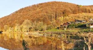 a view of a mountain with houses and a lake at Wellness Ferienhaus “Lotus II” in Rieden