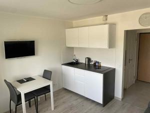a small kitchen with a table and a counter top at Gelezinis in Vilnius