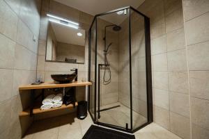 a shower stall in a bathroom with a sink at Rooms at Podlipje Estate in Tešanovci +25 photos