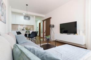 a living room with a couch and a tv and a kitchen at Zemunske Kapije in Belgrade