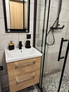a bathroom with a white sink and a shower at Center Studio type Apartment in Jelgava +18 photos