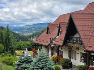 a building with red roofs and trees and mountains at CONTELE VLADIMIR in Bran
