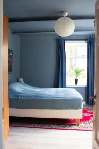 ein Schlafzimmer mit einem Bett mit blauen Wänden und einem Fenster in der Unterkunft Stylish 2-Bedroom Apartment in a Cozy Neighborhood in Reykjavík