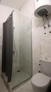 a bathroom with a glass shower with a toilet at Elit Apartmani in Ulcinj