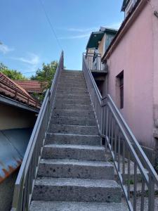 a set of stairs leading up to a pink building at Lana in Cetinje