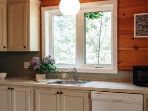 une cuisine avec un évier et une fenêtre dans l'établissement Chalet Suzanne, à Notre-Dame-de-la-Merci 36 autres photos