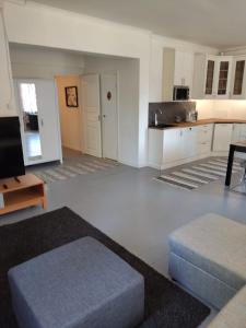 un soggiorno con divano e cucina di Willa Vitsari n60m2 a Kokkola