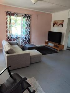 un soggiorno con divano e TV a schermo piatto di Willa Vitsari n60m2 a Kokkola