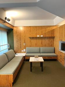a living room with two couches and a coffee table at Residenza Albaré in Marilleva