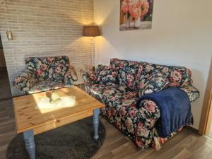 a living room with a couch and a coffee table at Eulennest Emsland in Dersum