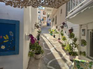 an alley with potted plants on the side of a building at Seda Otel Çeşme in Çeşme