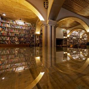 a library with a lot of books on the shelves at The Literary Man Obidos Hotel in Óbidos