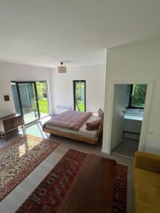 a bedroom with a bed and a table and a piano at Rai Village in Băniţa