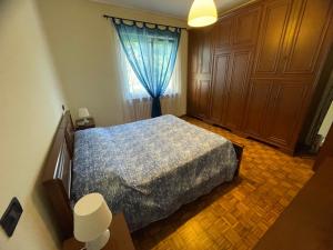 a bedroom with a bed and a blue curtain at Belvedere 4 in Perosa Argentina