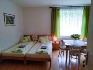 ein Wohnzimmer mit einer Couch und einem Tisch in der Unterkunft Ubytovanie na Frantšachte in Banská Štiavnica