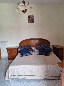 a bedroom with a bed with two blue pillows at B&B La Castagna in Santo Stefano