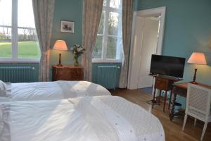 a bedroom with a bed and a television and windows at Château de la Saulinière in Kain