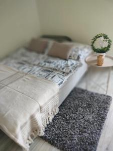 a bedroom with a bed with a table and a rug at Comfy Studio in Rzeszów