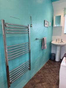 a blue bathroom with a sink and a shower at Titmouse at Trenale Court Cottages in Tintagel
