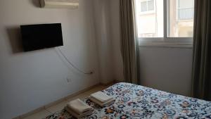 a bedroom with a bed with a tv on the wall at Unique City room in Larnaca