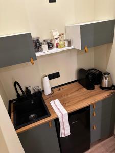 a kitchen with a counter with a sink and a stove at Camera Dogarilor in Sibiu +18 photos