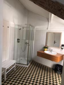 a bathroom with a shower and a sink at WW Hostel & Suites in Coimbra +37 photos