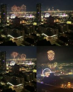 a collage of photos of fireworks at night at 2 Storey Penthouse Panoramic Views Parking Stampede in Calgary