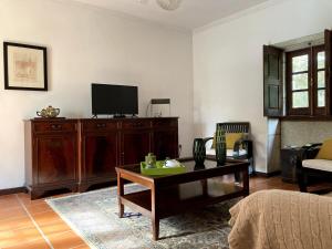 a living room with a tv and a coffee table at Quinta da Faísca Guesthouse in Vila do Conde