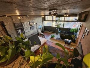 サンパウロにあるVem pro Miranteの植物とバスタブのあるリビングルーム