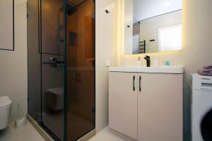a bathroom with a shower and a sink and a toilet at Center Almaty in Almaty