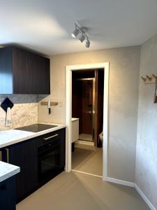 a kitchen with black cabinets and an open door at Le belvédère au cœur de Saverne in Saverne